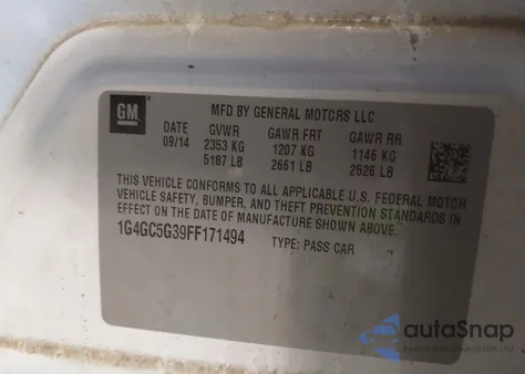 2015 Buick Lacrosse Leather из США, поврежденный, VIN 1G4GC5G39FF171494